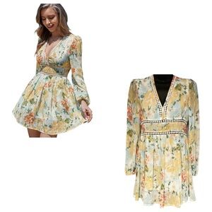 Women’s Yellow Chiffon Lightweight Floral 
Mini Sheath Dress Size Small